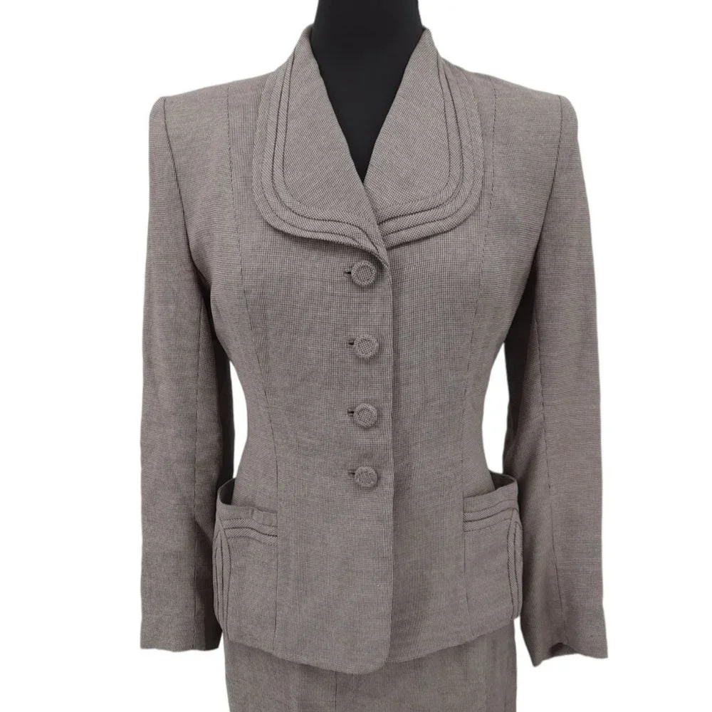 VTG 40s Brown Houndstooth Gabardine Blazer Pencil Skirt Suit Set Size S Neutral - Picture 2 of 11